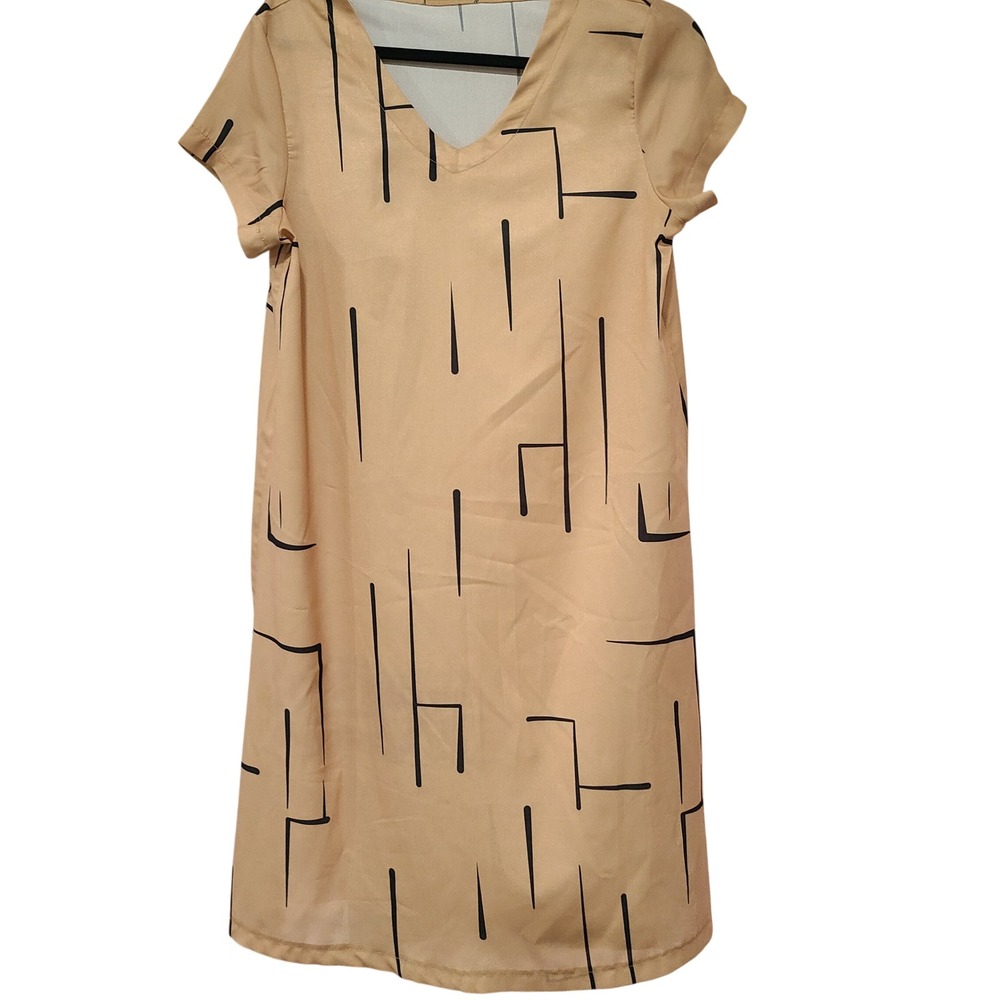 Misslook Tan Black Geometric Line Print V-Neck Shift Dress Small Short Sleeve